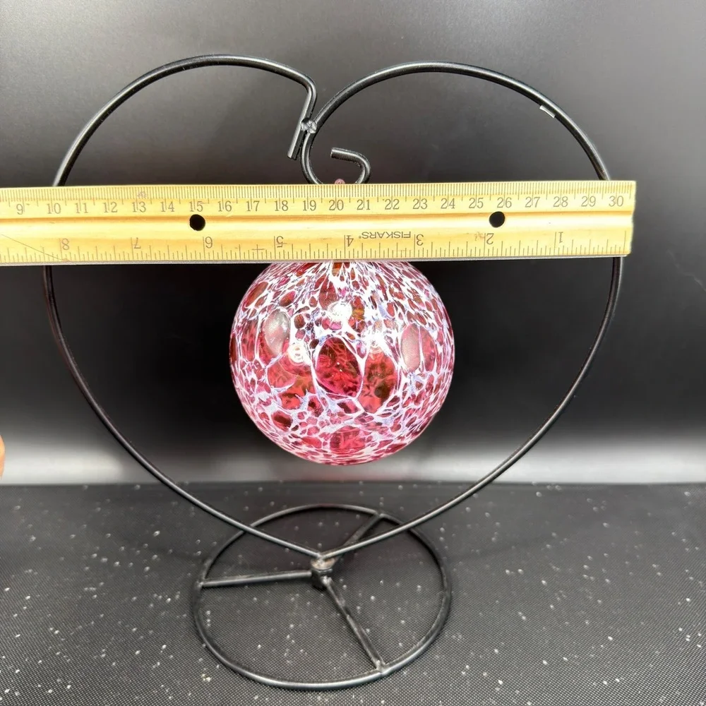 Hand Blown Glass Friendship Ball Ornament Pink‎ White Speckled Heart Stand VTG